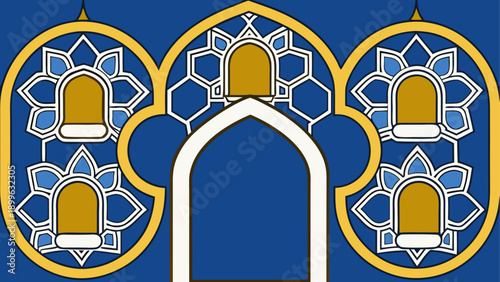 Elegant blue and gold architectural arch with floral design