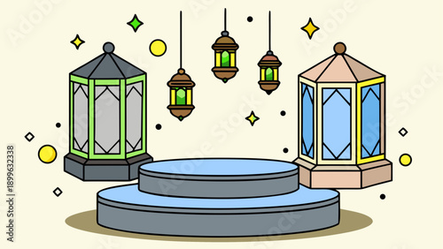 Vibrant lanterns on a blue pedestal with sparkling background