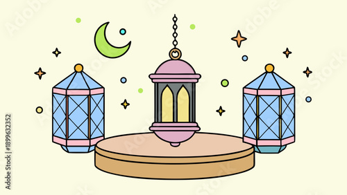Colorful lanterns with moon and stars vector illustration