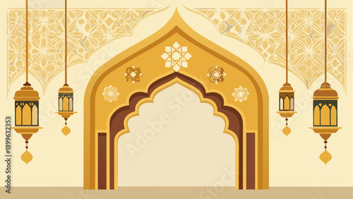 Elegant islamic archway with ornate decorations and lanterns