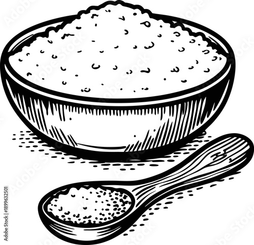 bowl and spoon with salt grains hand drawn black and white illustration of coarse salt seasoning for cooking and food preparation