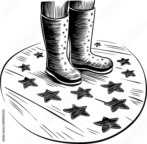 child standing in rubber rain boots surrounded by stars on a wooden floor, black and white sketch illustration