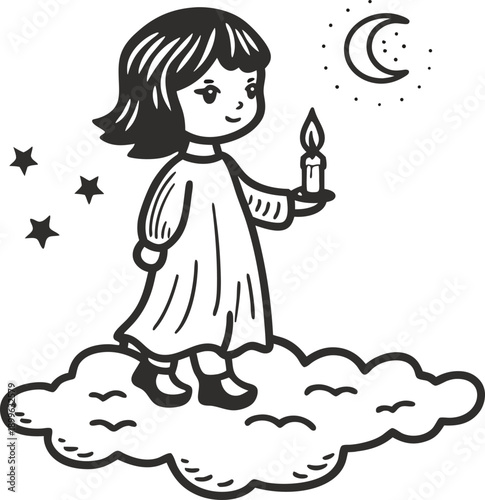 girl in nightgown standing on cloud holding candle under moon and stars, bedtime and dream concept