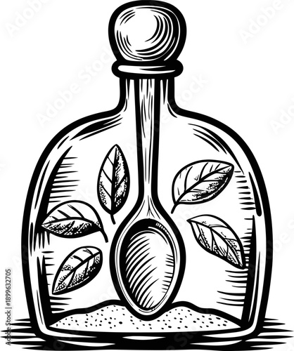 Vintage glass bottle with spoon and leaves illustration herbal medicine, natural remedy, apothecary, health, organic concept