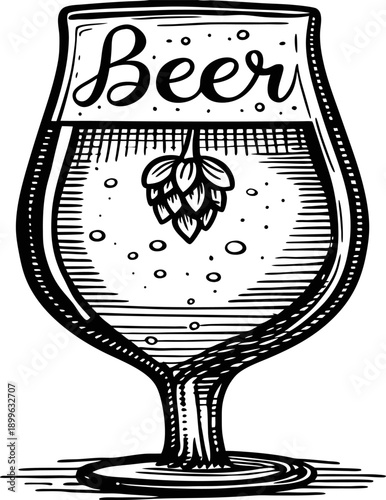 Beer glass with hop cone inside, hand drawn illustration of craft beer in tulip glass with bubbles and lettering