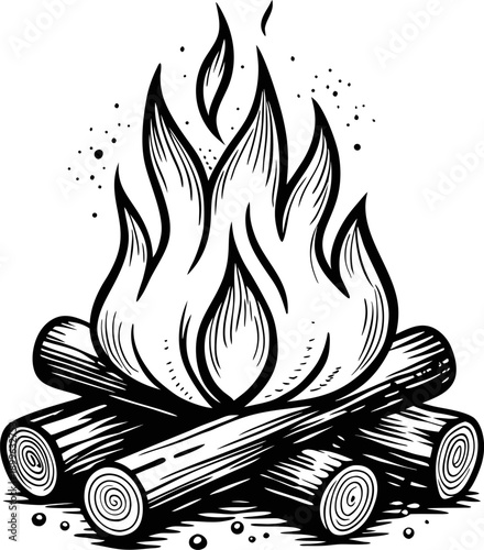 campfire with blazing flames and stacked logs, burning wood illustration in black and white