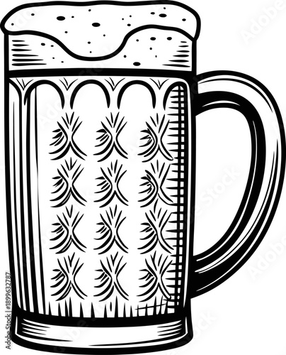 classic beer mug filled with frothy beer, detailed black and white illustration of traditional beverage glass