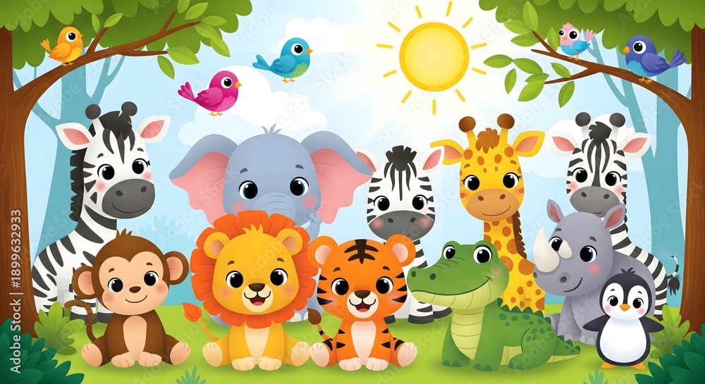 Fototapeta premium Cute Cartoon Jungle Animals Illustration, Kids Safari Wildlife Characters with Lion Elephant Zebra and Giraffe, Colorful Children Education Background