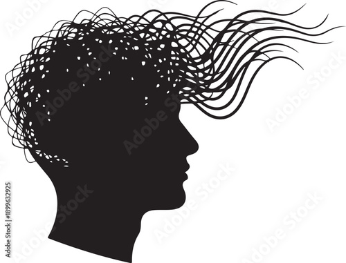 Black silhouette of a person with tangled hair and thoughts