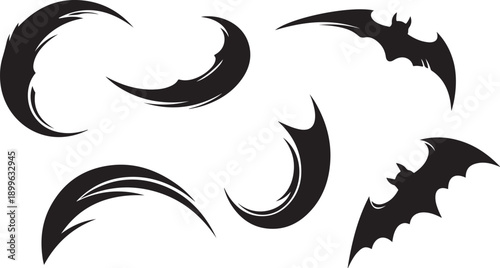 Black Bat Silhouettes and Swirling Brush Strokes on White
