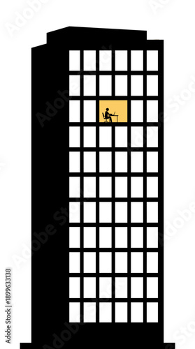 An urban worker is rappelling down a skyscraper, highlighting the risks of the job