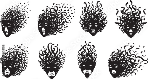 Black and white illustration of abstract expressive faces emoting