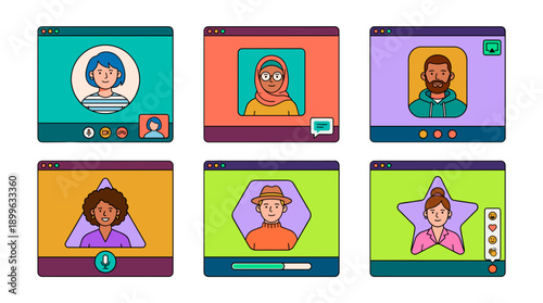 Diverse individuals are portrayed within video call interfaces, signifying communication and digital interaction. This image depicts various faces in different windows.