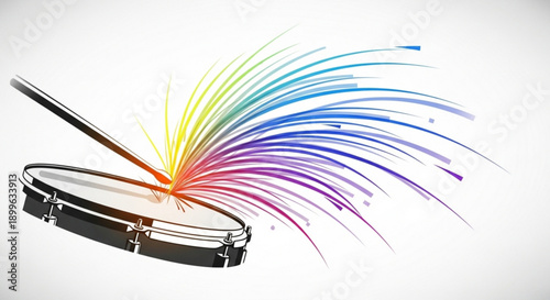 Tambourine Being Played with Rainbow Colored Sticks on White Background