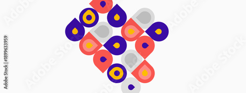 Abstract geometric pattern. Circles, squares, rectangles form triangular shape. Purple, orange, gray colors dominate design. Minimalist style.