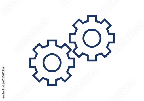 Icono de dos engranajes de contorno azul entrelazados 