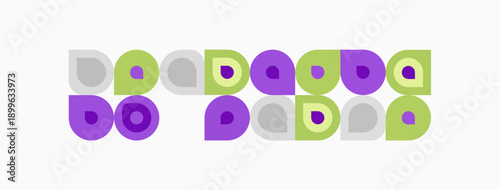 Abstract pattern features repeating circles, squares. Colors include purple, green, gray. Minimalist design, geometric shapes present.