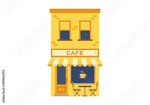 Fachada de cafetería en edificio amarillo de dos plantas con terraza