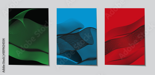 Abstract poster background vector set in green blue and red with wave shapes. 