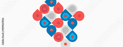 Abstract pattern. Circles overlap creating triangular shape. Red, blue, gray colors dominate design. Minimalist aesthetic. Simple geometry.