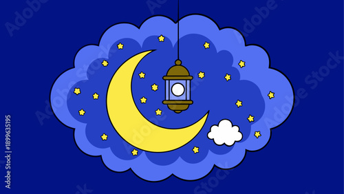 Night sky with moon, stars, and hanging lantern