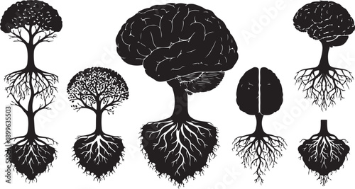 Brain Tree Roots Illustrations in Black and White Style