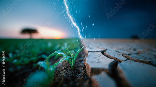 Concept image of climate change showing cracked dry soil versus green crops under storm lightning and rain, symbolizing drought and extreme weather