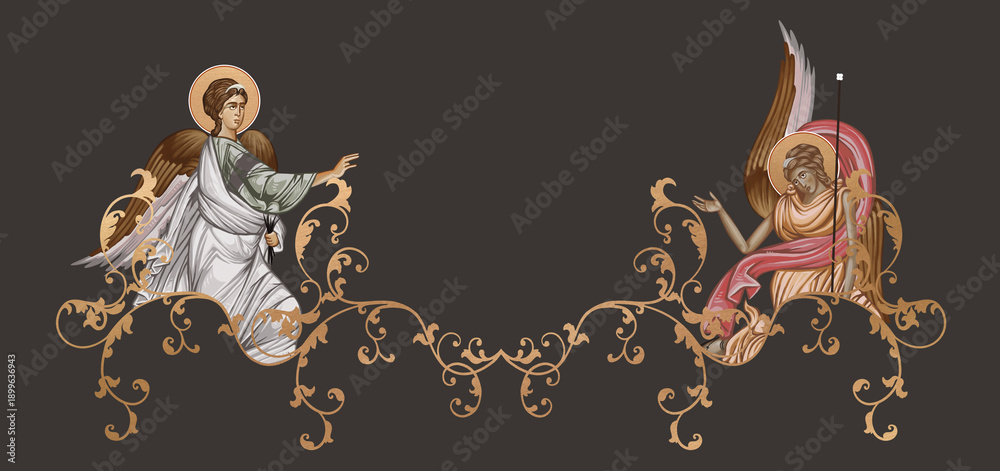 Naklejka premium Iconographic Byzantine border with angels