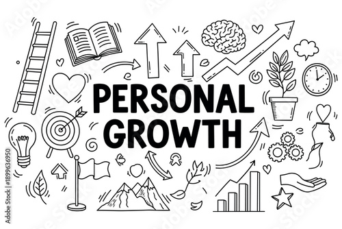 Personal growth concept with doodles of arrows, books, and nature elements