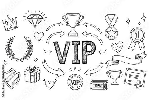 Vip elements: trophy, crown, medal, and more in a sketch design