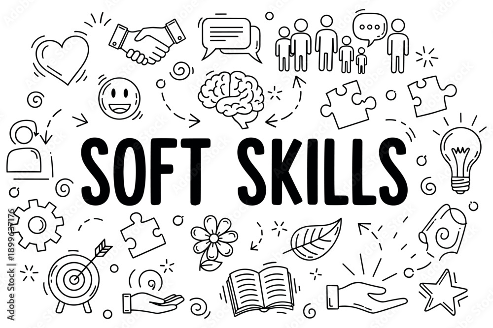 Naklejka premium Soft skills concept with doodle icons: communication, teamwork, creativity, leadership, problem-solving
