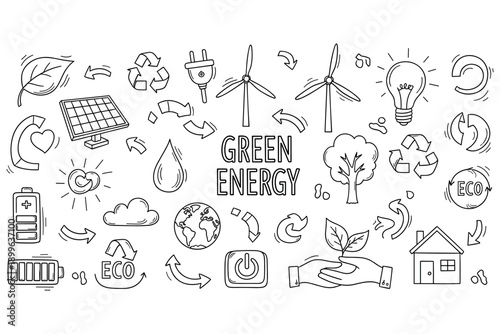 Green energy concepts: solar, wind, recycling, and sustainability icons
