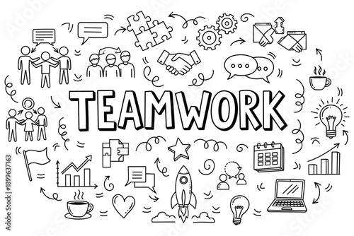 Teamwork collaboration doodle with business icons and illustrations