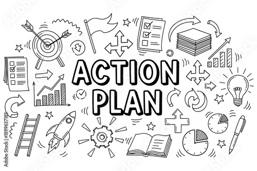 Hand-drawn action plan concept with charts and creative symbols