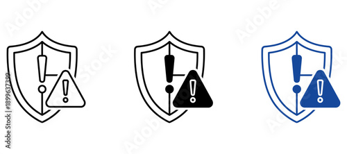Cyber Security Warning Icons Set, Shield with Alert Exclamation Mark for Data Protection Risk and System Vulnerability