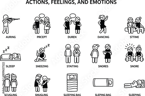 Actions, feelings, and emotions icons set, human behavior stickers, sleeping, dancing, snuggling, people communication, social life, cad drawing flat vector illustration