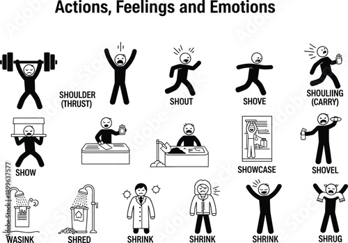 Actions, feelings, and emotions icons set, human behavior stickers, sleeping, dancing, shouting, people communication, social life, weightlifting, cad drawing flat vector illustration