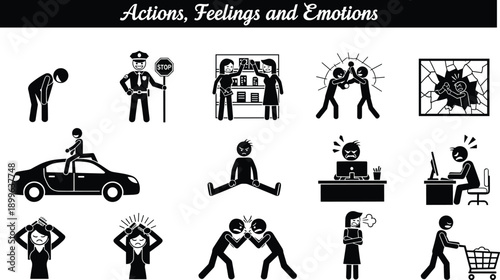 Actions feelings emotions icon set, human behavior daily life stress conflict situations, social activity symbols, black silhouette vector illustration