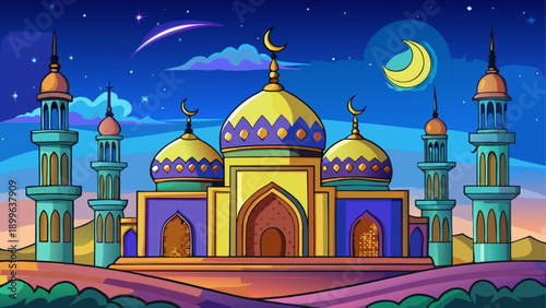Vibrant cartoon mosque with colorful minarets and night sky