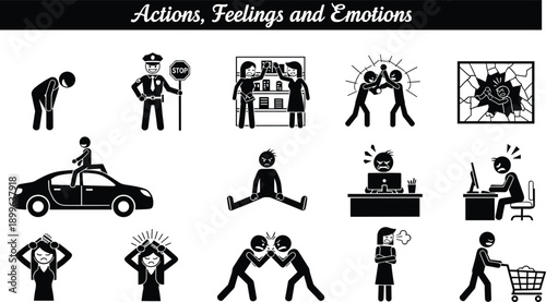 Actions feelings emotions icon set, human behavior daily activities stress conflict scenes, social life symbols, black silhouette vector illustration