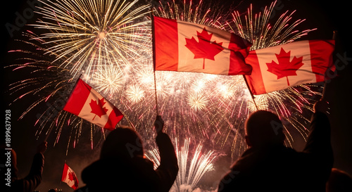 Spectacular fireworks display illuminating the canadian flag during a national celebration