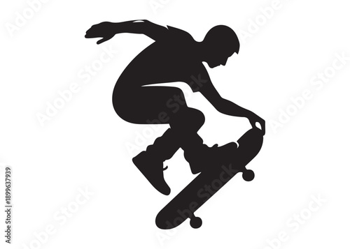 skateboarding logo silhouette vector, skateboard silhouette logo vector, illustration, skateboarder silhouette jumping logo, skateboarder performs a jump trick logo vector silhouette 