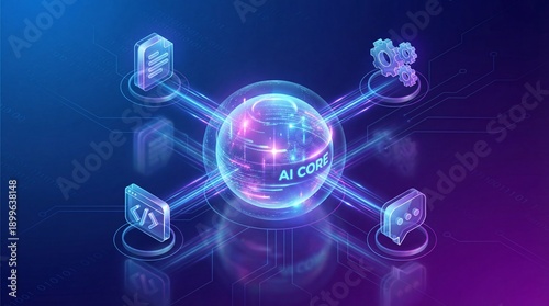 3D visualization of Agentic AI core connecting to task icons. Concept of autonomous artificial intelligence, agentic workflow automation, and digital task execution system.