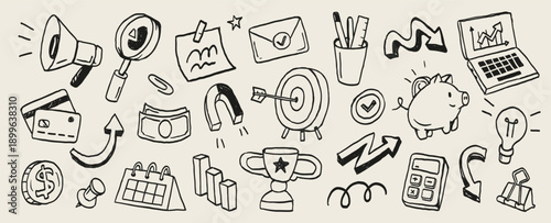 Business and marketing sticker pack for scrapbook and journaling. Doodle illustrations with Laptop, megaphone, pencil, calendar, lightbulb and other marketing elements. 