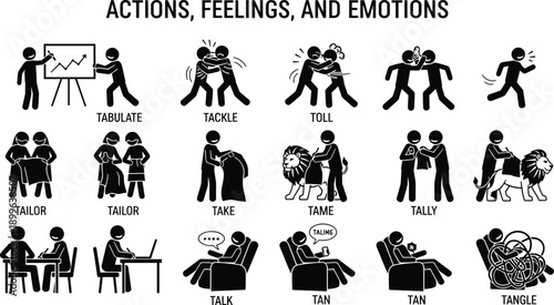 Actions, feelings, emotions, human silhouette icons, vector illustration, pictogram set, homophone humor, tabulate, tackle, toll, tarry, tailor, take, tame, tally, talk, tan, tangle, lifestyle, psycho