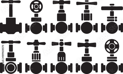 Collection of industrial valve icons in black silhouette