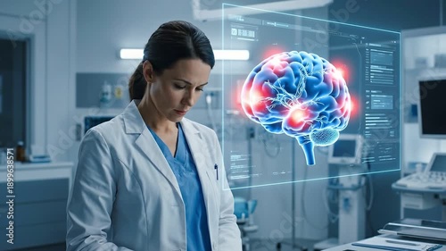 Video of physician using futuristic interface to examine holographic 3D brain model. Visualizing AI medical diagnostics, smart hospital technology, and advanced digital health research.