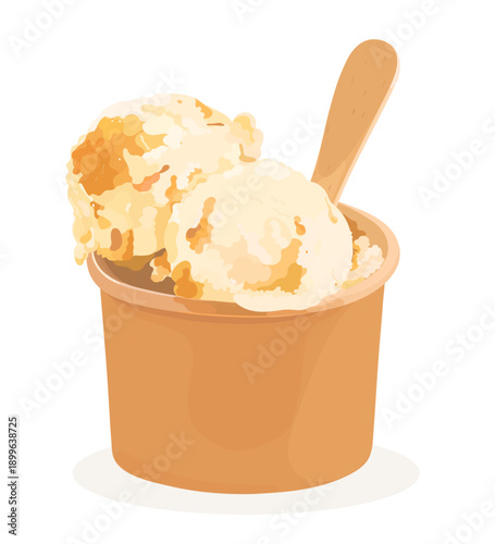 Tasty caramel cartoon ice cream balls in paper cup with caramel topping. Sweet cold vector hand drawn summer dessert illustration isolated on white.