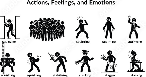 Black and White Stick Figure Icons Illustrating Actions Starting With Letter S Including Squeezing Squishing Stabilizing Stacking Staggering Staining and Squinting