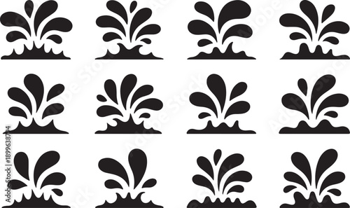 A collection of nine identical black floral or plant silhouettes arranged in three rows on a white background